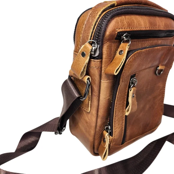 Leather Crossbody Bag Multi Pocket Travel Messenger Bag Unisex Adjustable Strap - Picture 4 of 15